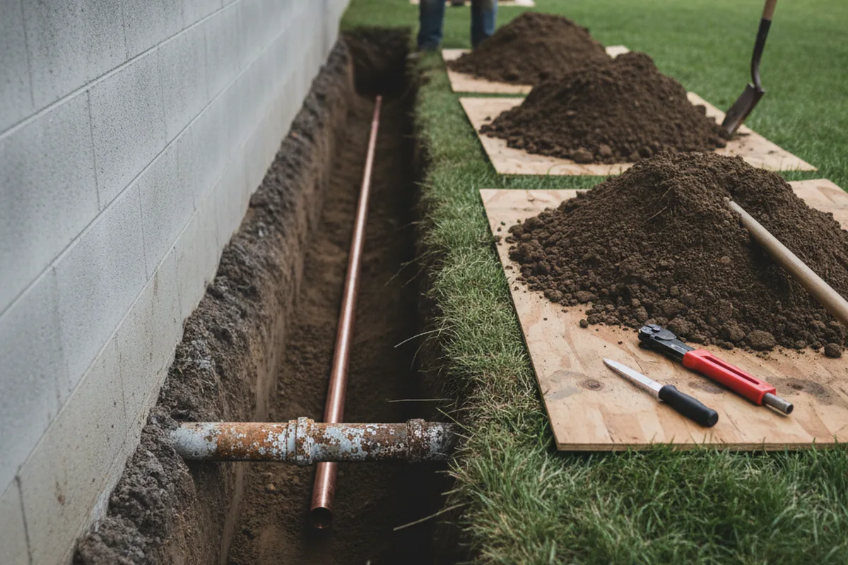 Excavated water line trench during Water Softener Installation in Byfield